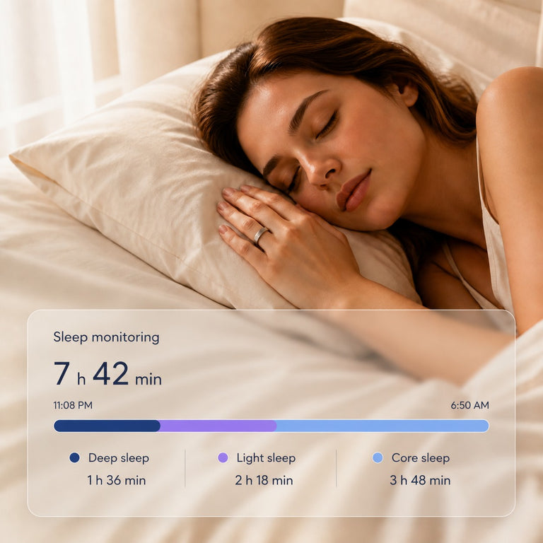 Woman wearing a smart ring with a transparent sleep-monitoring timeline