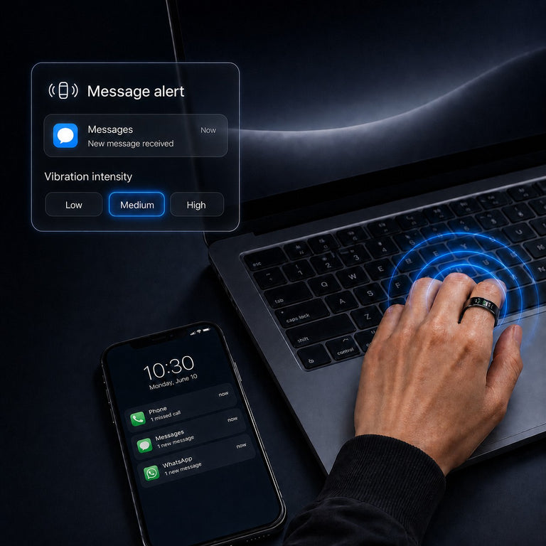 SY1 smart ring showing a message reminder and adjustable vibration intensity