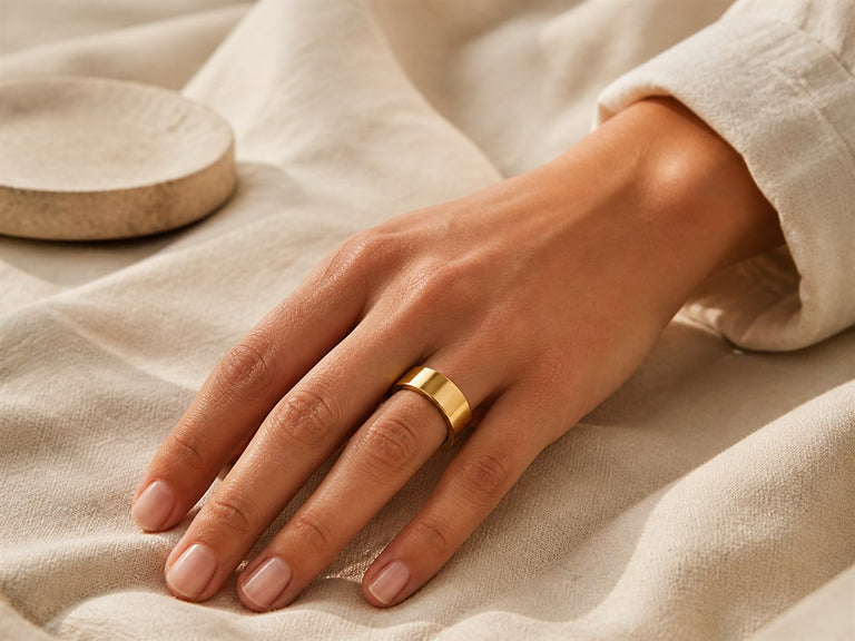 Hand wearing a minimal champagne gold smart ring